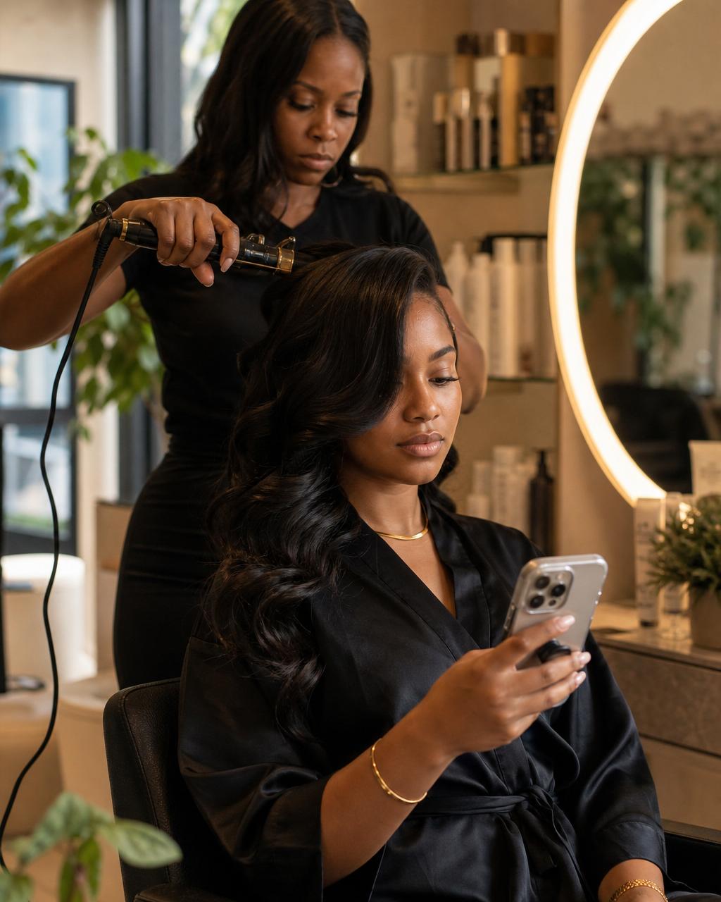 Beauty professional styling a client